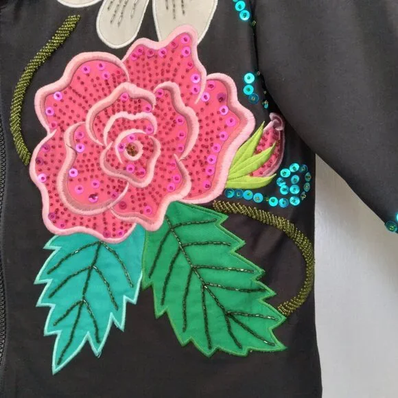 Y2K Vintage Black 100% Silk Jacket w Floral Textured Art Simply Stunning! Sz10 - Picture 5 of 14
